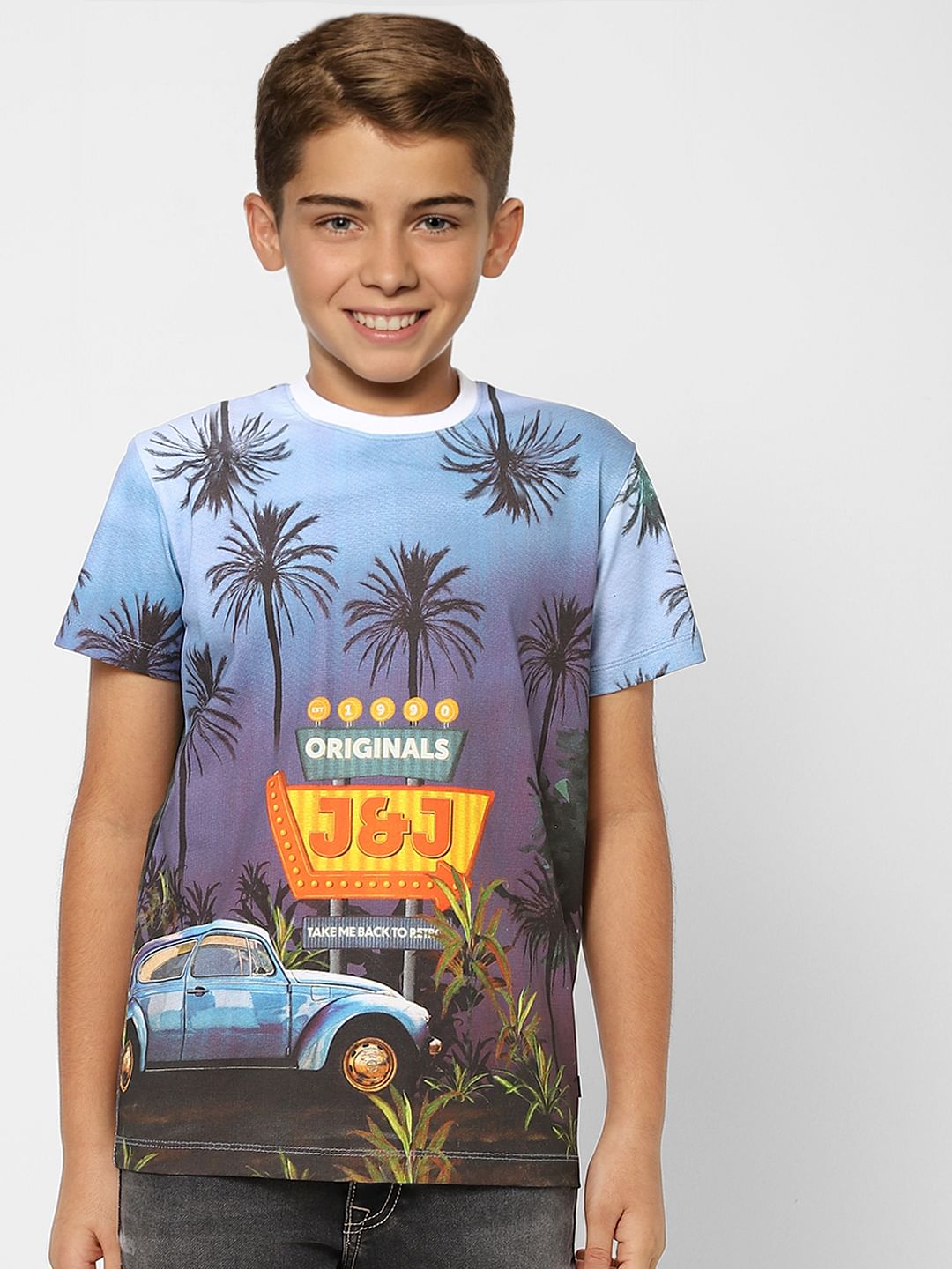 Boys Blue Printed Crew Neck T-shirt