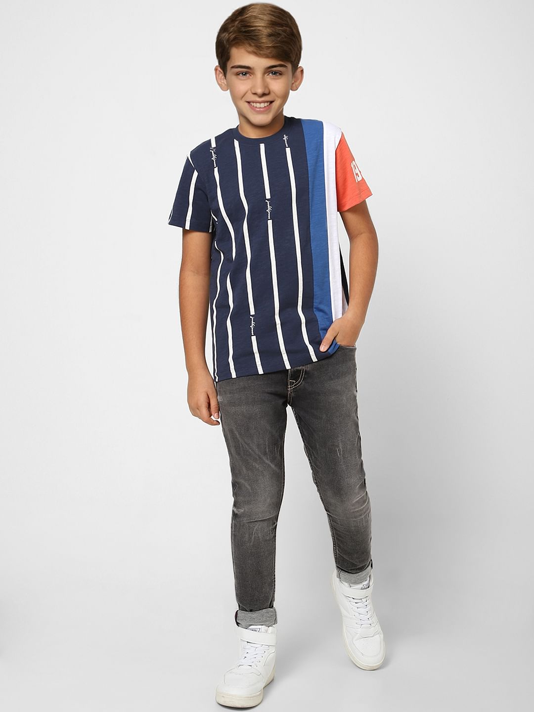 Boys Blue Striped Crew Neck T-shirt - 4/5Y