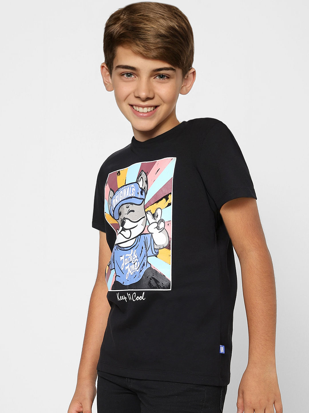 Boys Black Graphic Print Crew Neck T-shirt