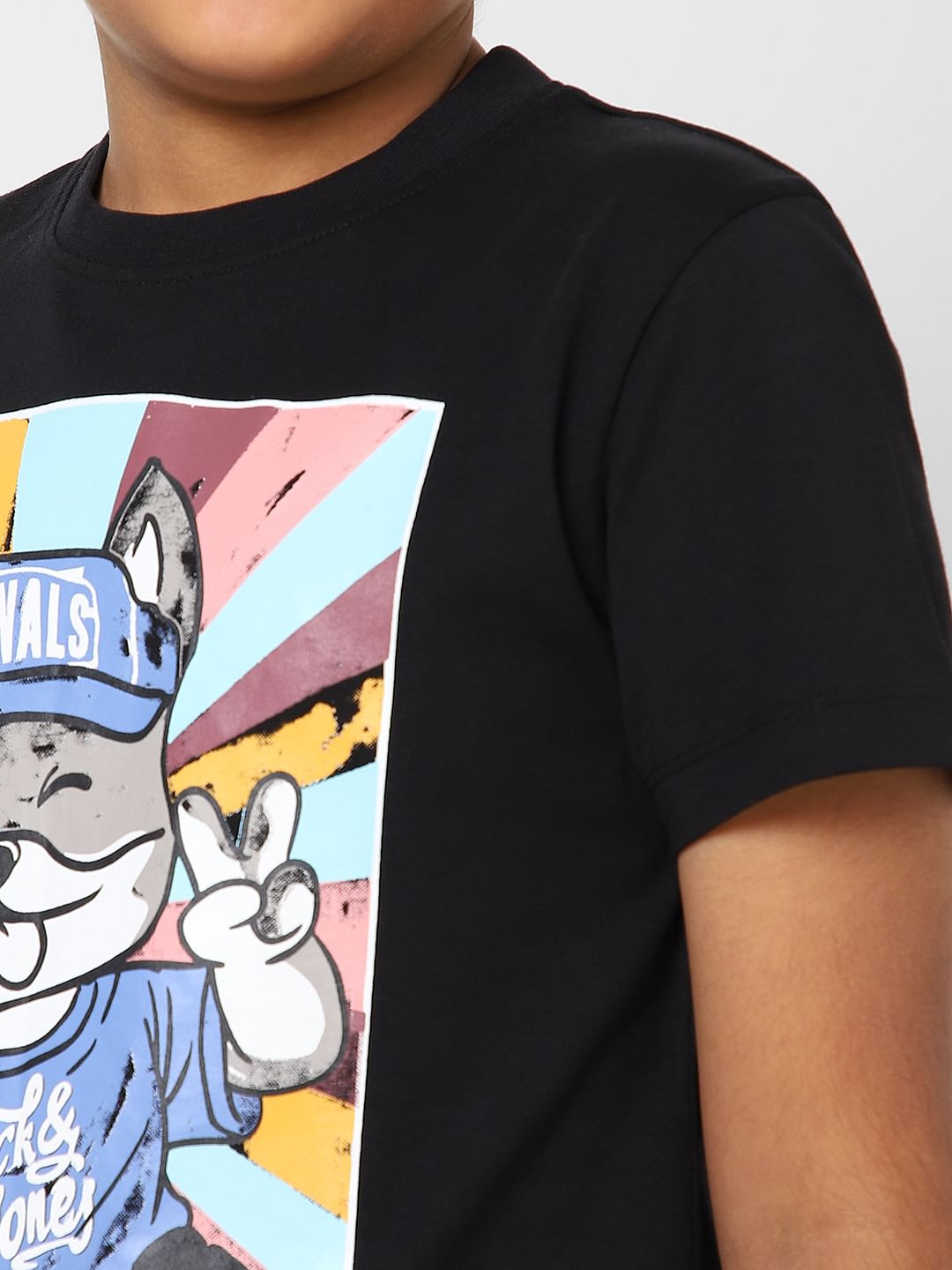 Boys Black Graphic Print Crew Neck T-shirt