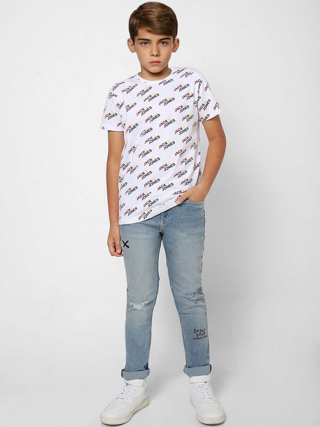 Boys White Logo Graphic Print Crew Neck T-shirt