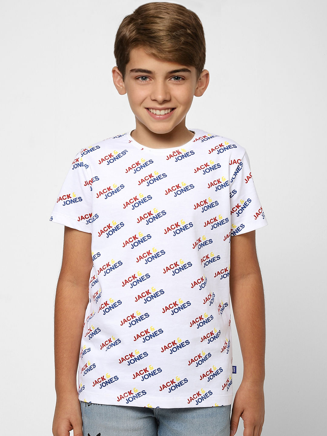 Boys White Logo Graphic Print Crew Neck T-shirt
