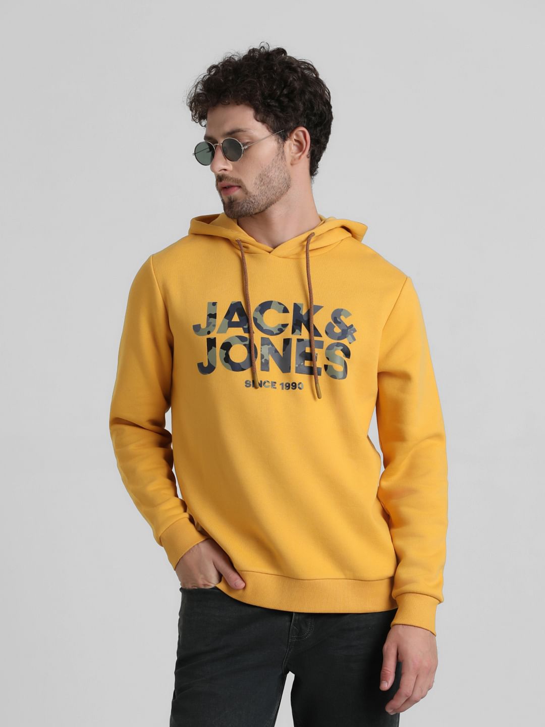 Yellow Logo Print Hooded Sweatshirt - S
