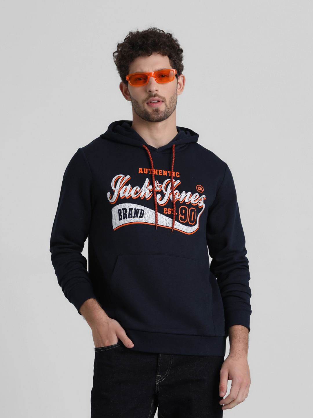 Navy Logo Print Hooded Sweatshirt - S