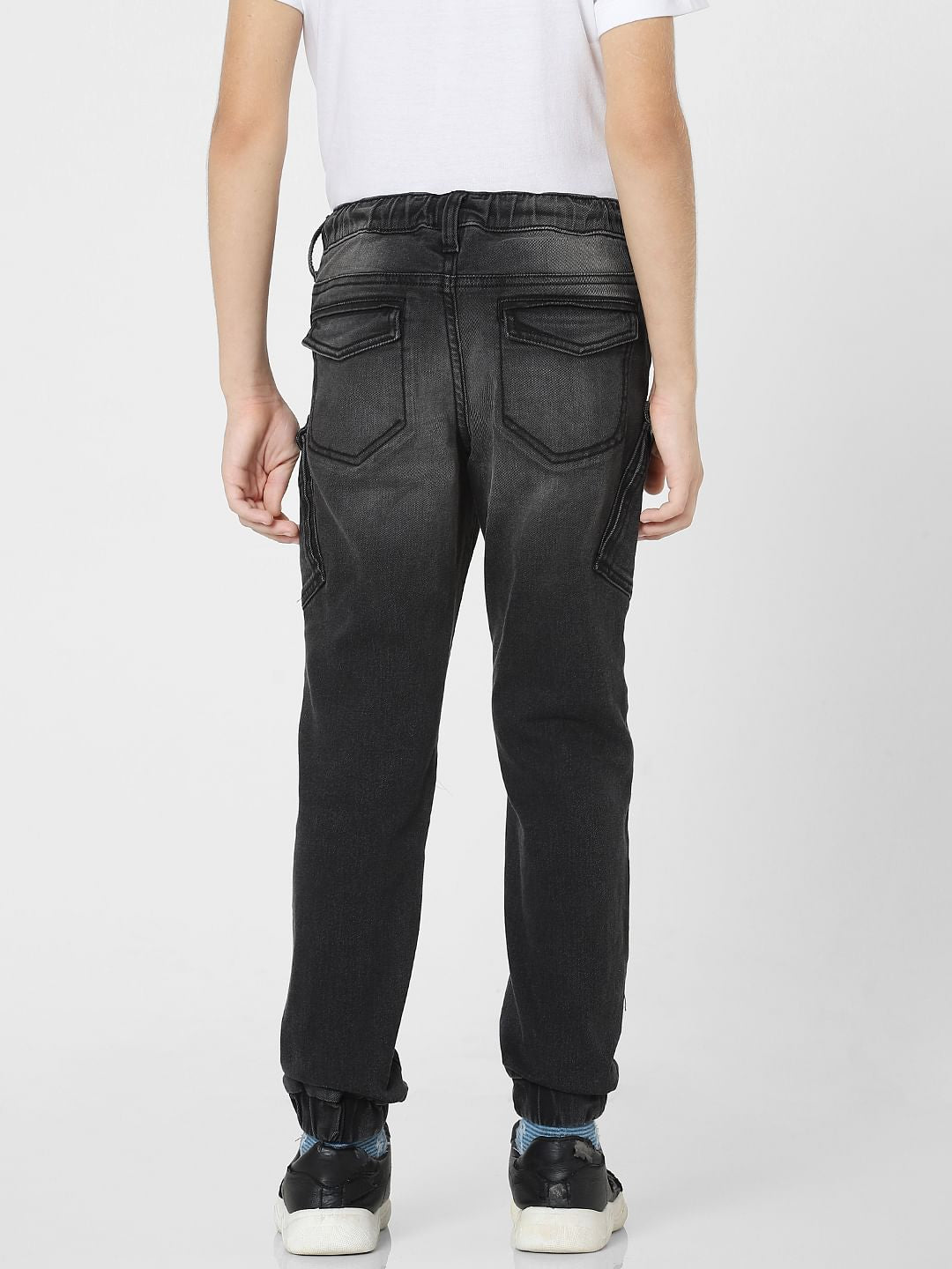 Boys Black Mid Rise Denim Joggers