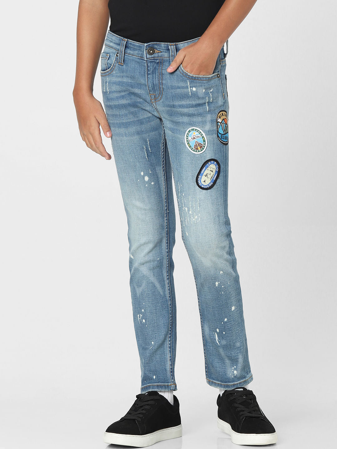 Blue Mid Rise Distressed Regular Jeans