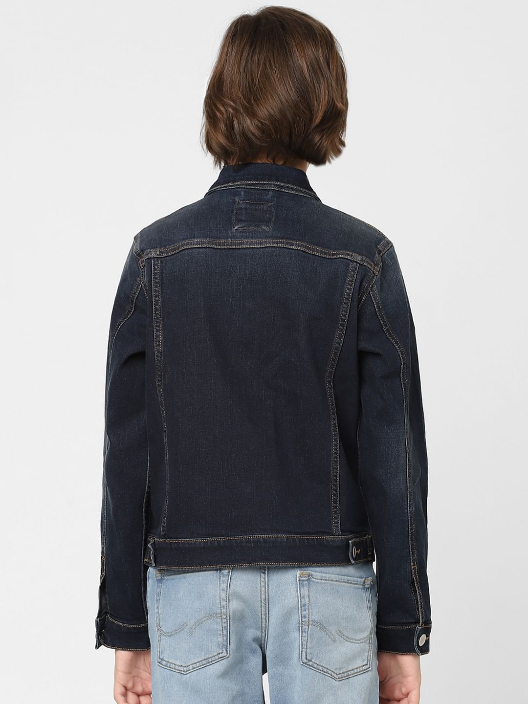 Boys Dark Blue Printed Denim Jacket