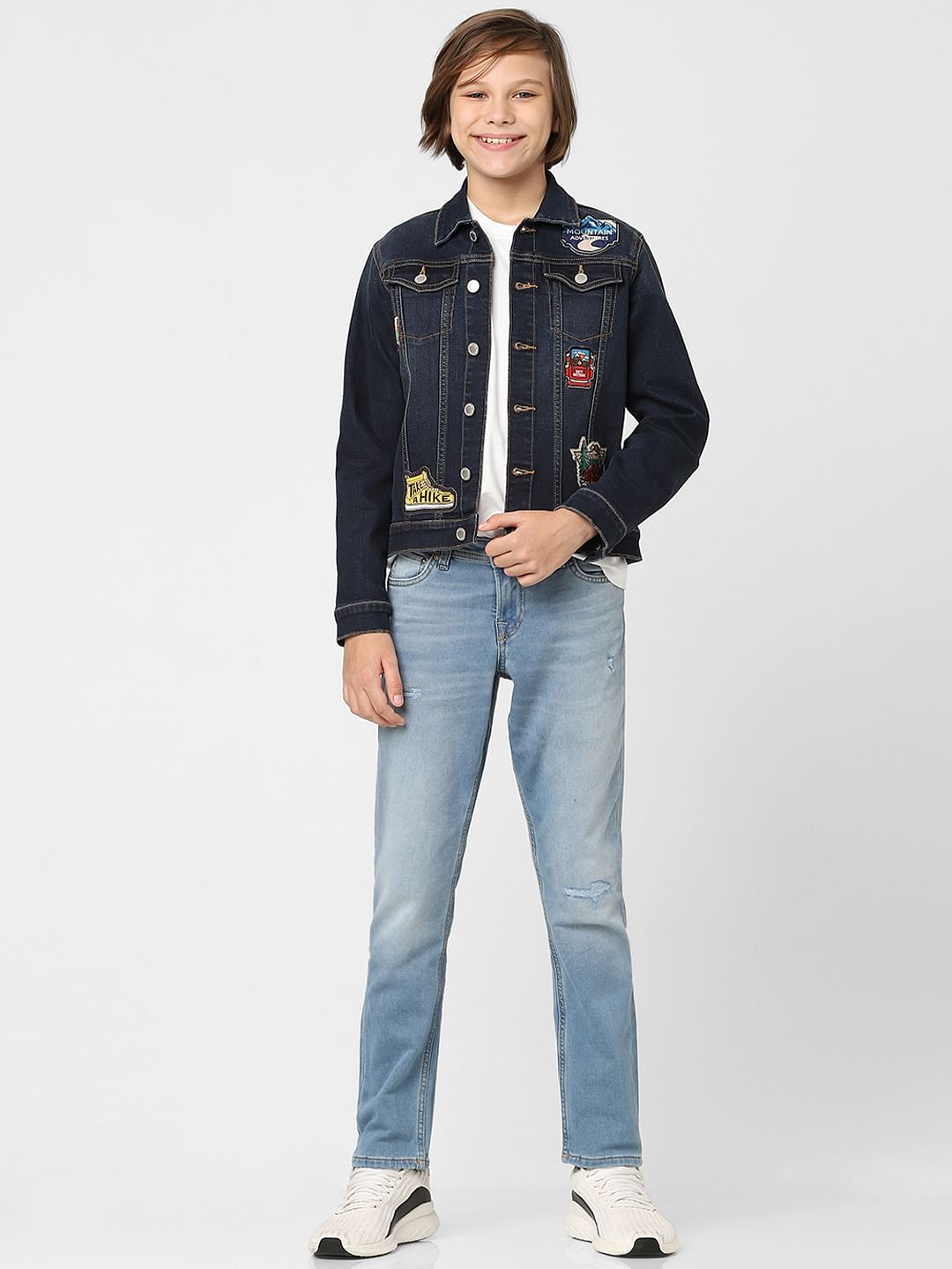 Boys Dark Blue Printed Denim Jacket