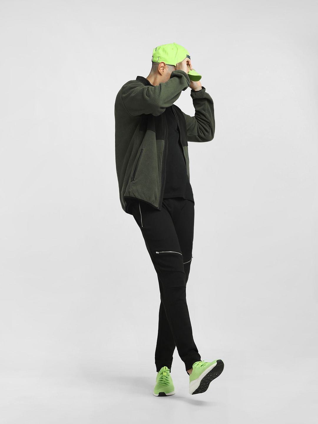 Green Colourblocked High-Neck Jacket