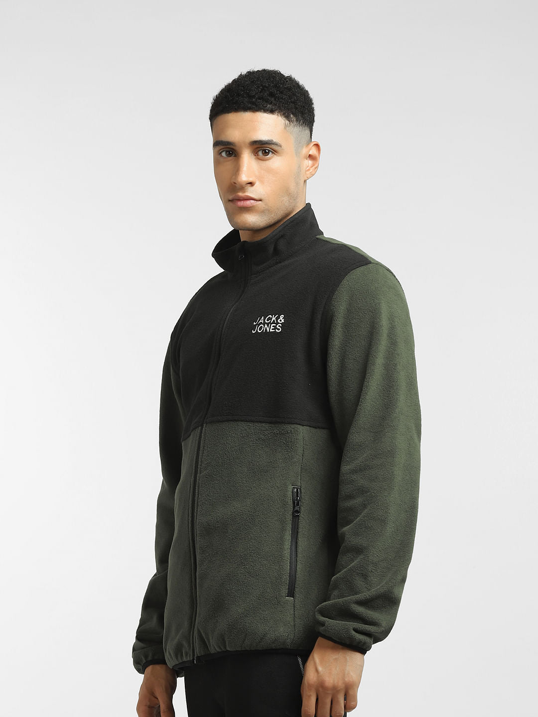 Green Colourblocked High-Neck Jacket