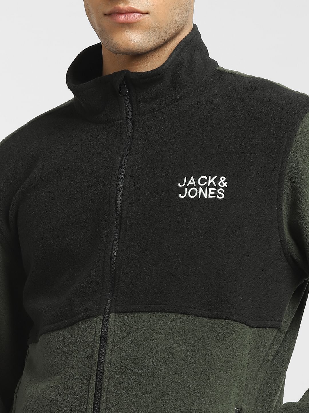 Green Colourblocked High-Neck Jacket