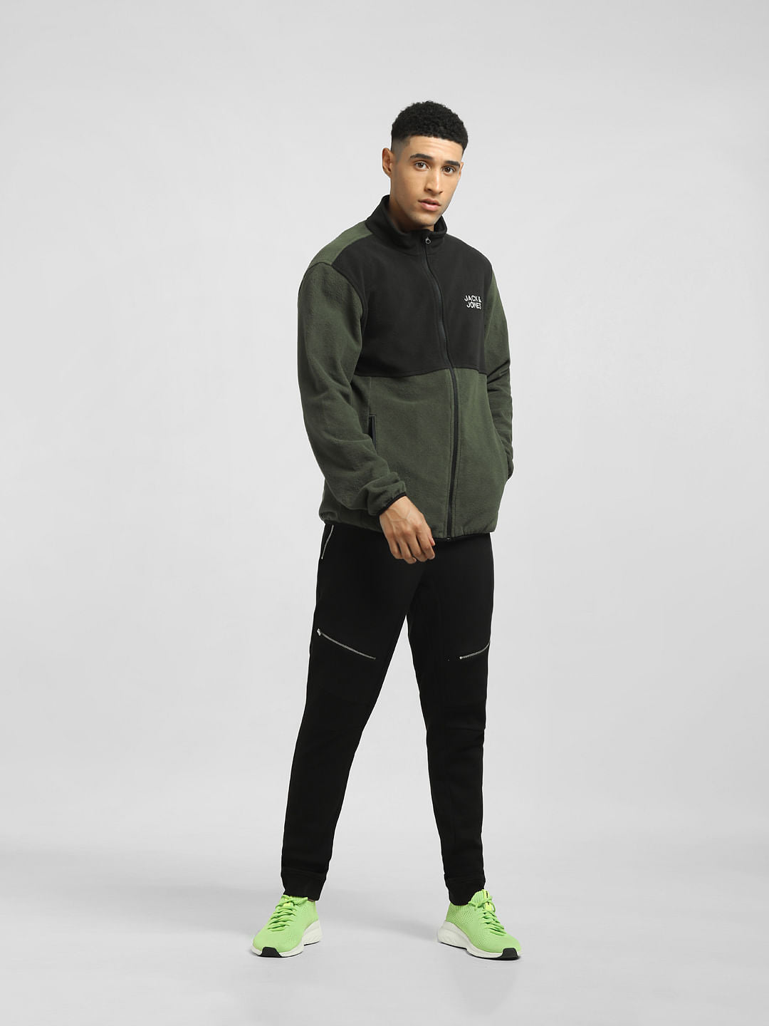 Green Colourblocked High-Neck Jacket