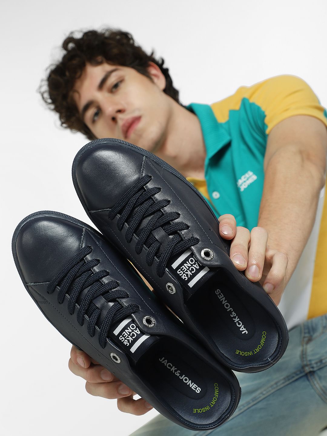 Navy Blue Lace Up Mules