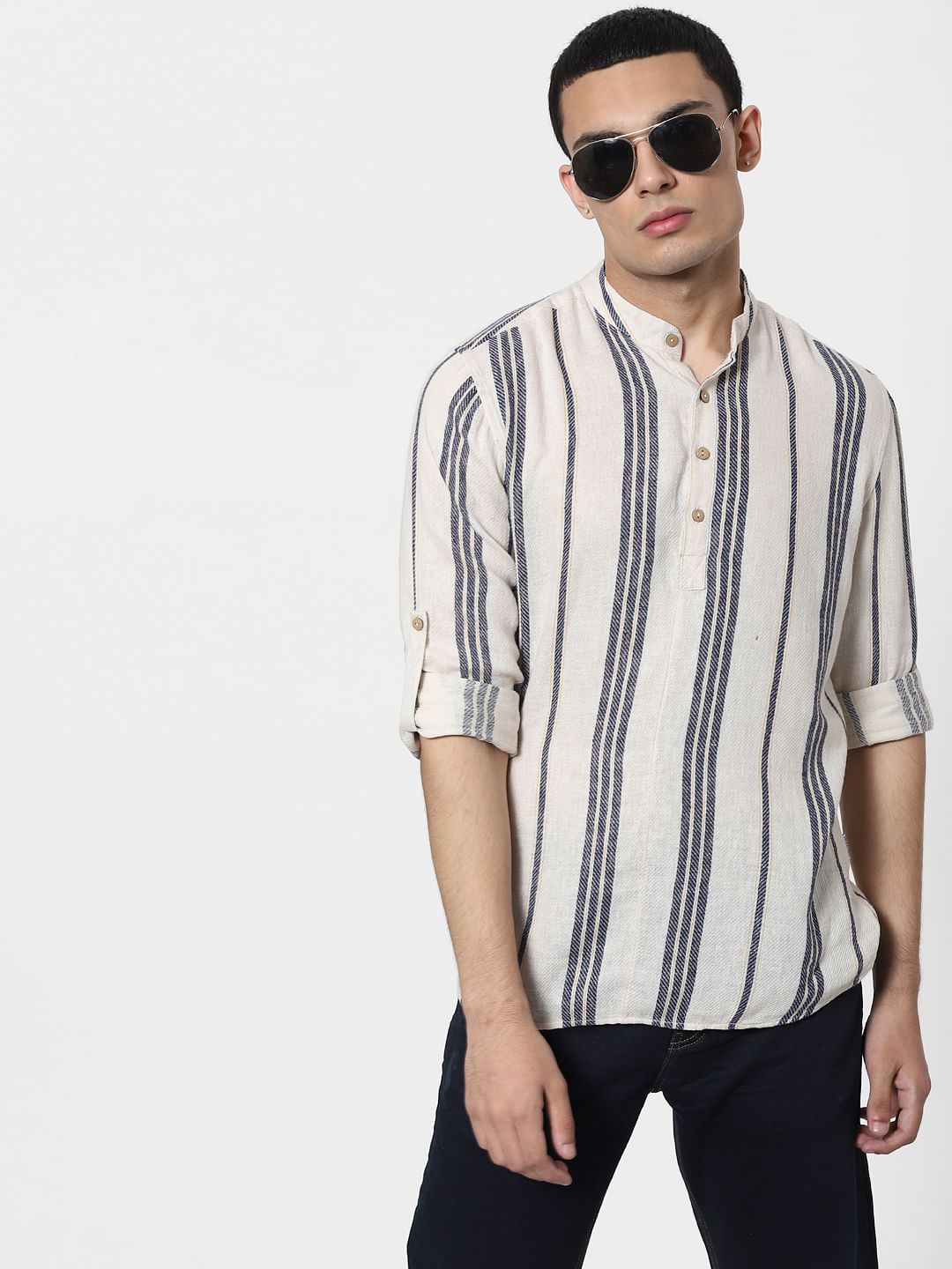 Beige Striped Full Sleeves Linen Shirt - S