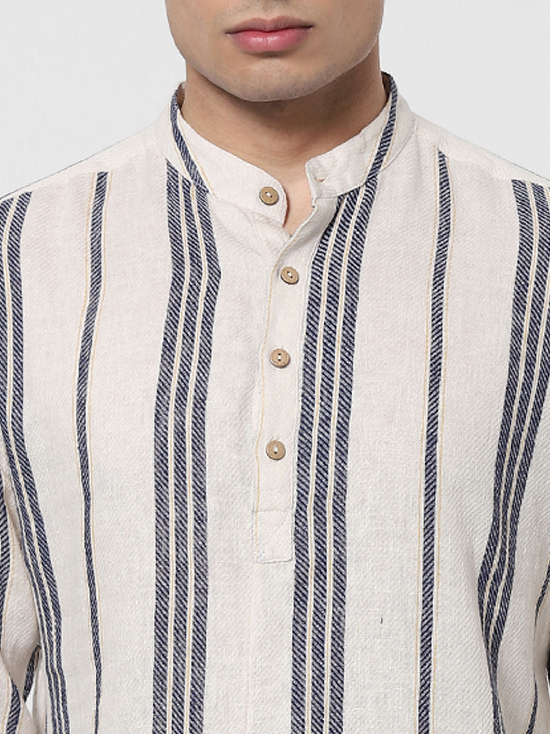 Beige Striped Full Sleeves Linen Shirt