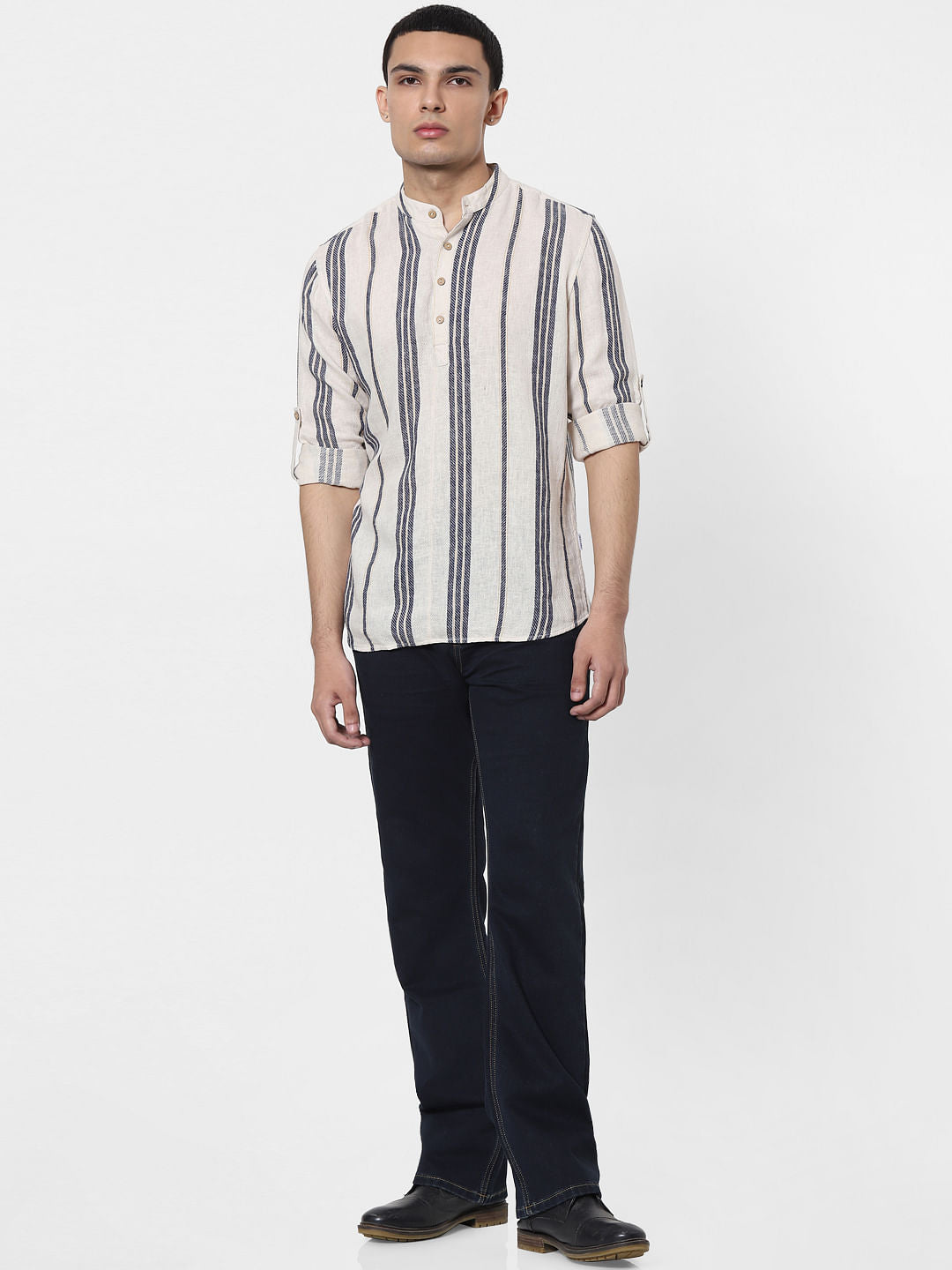 Beige Striped Full Sleeves Linen Shirt