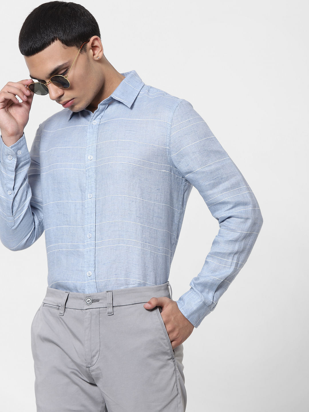Light Blue Striped Full Sleeves Linen Shirt - S