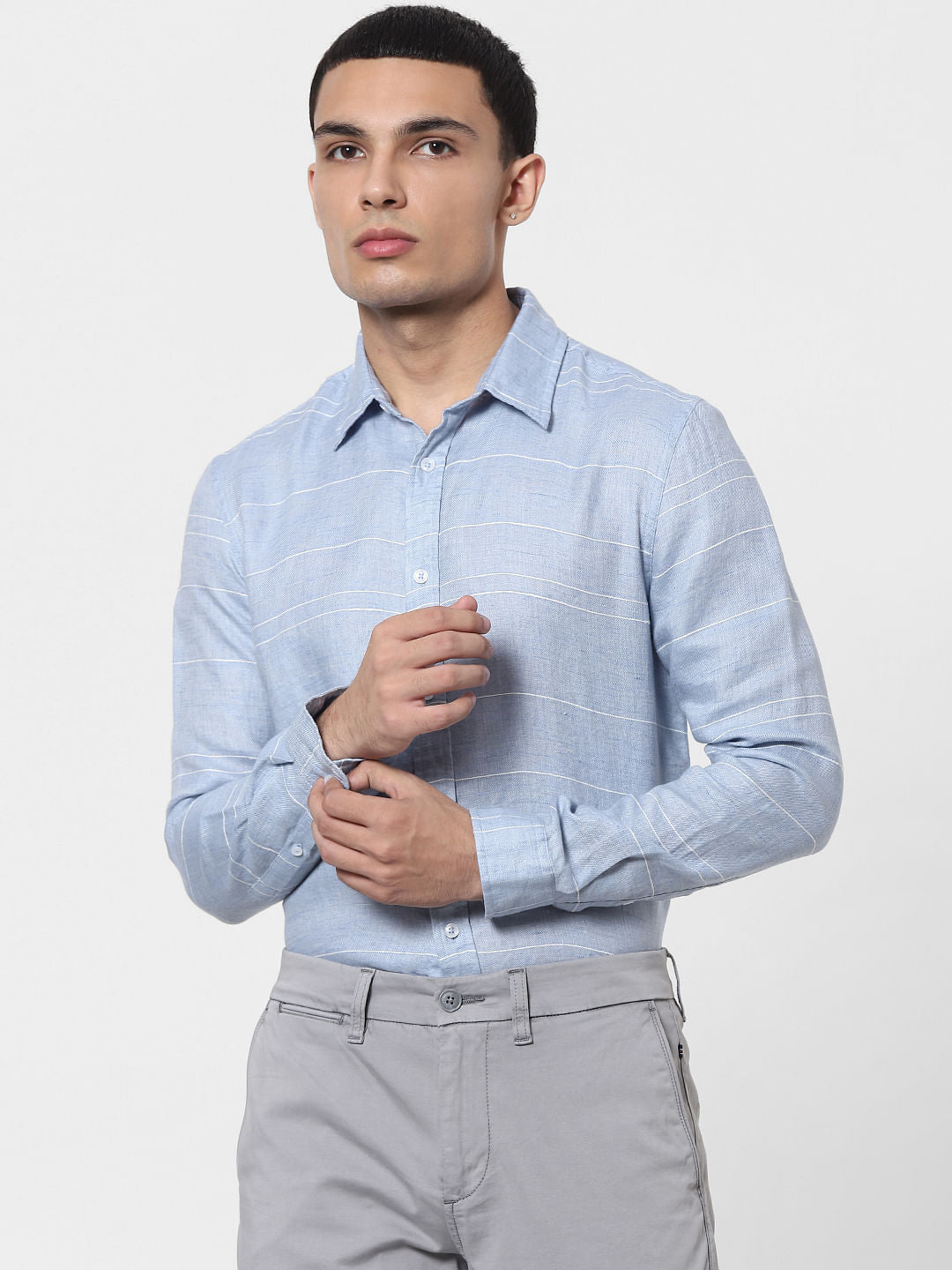 Light Blue Striped Full Sleeves Linen Shirt