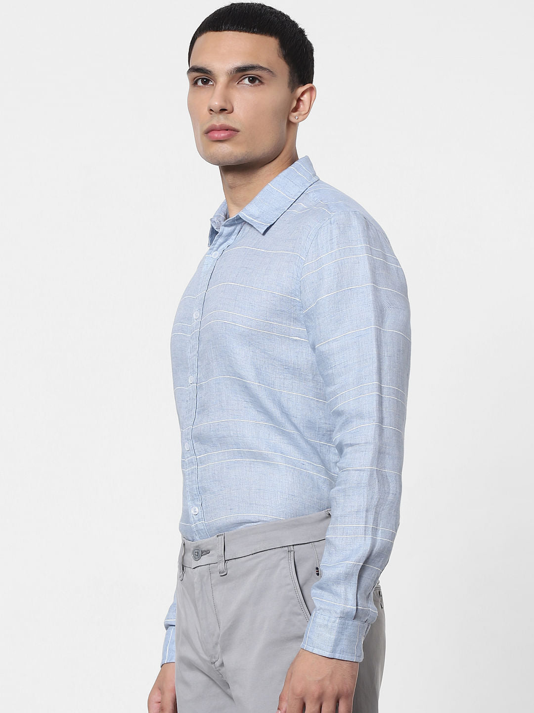 Light Blue Striped Full Sleeves Linen Shirt