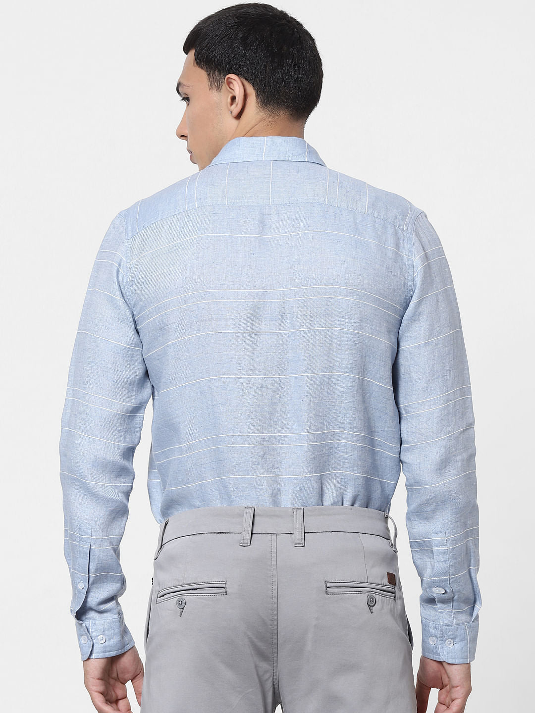 Light Blue Striped Full Sleeves Linen Shirt