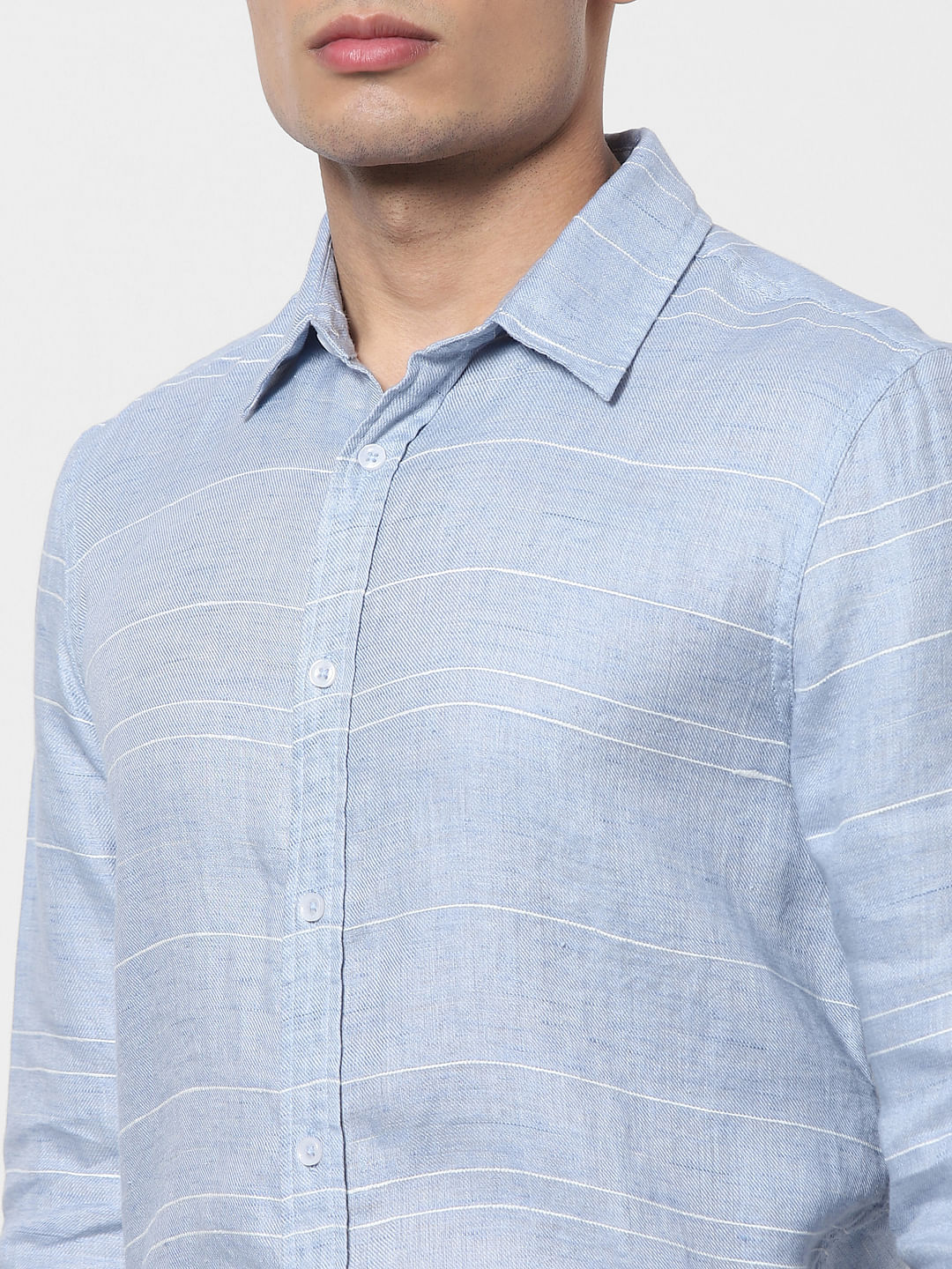 Light Blue Striped Full Sleeves Linen Shirt