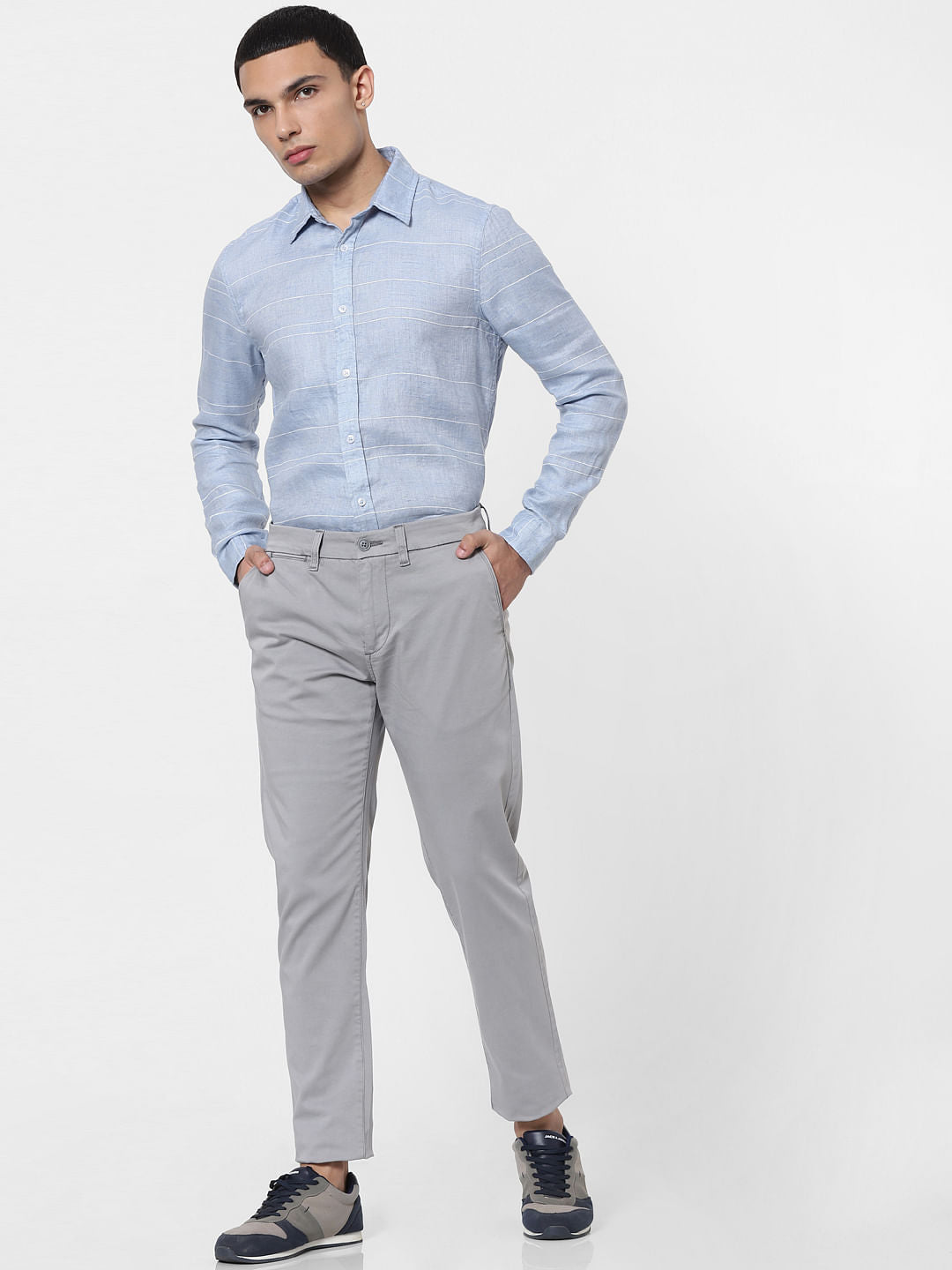 Light Blue Striped Full Sleeves Linen Shirt