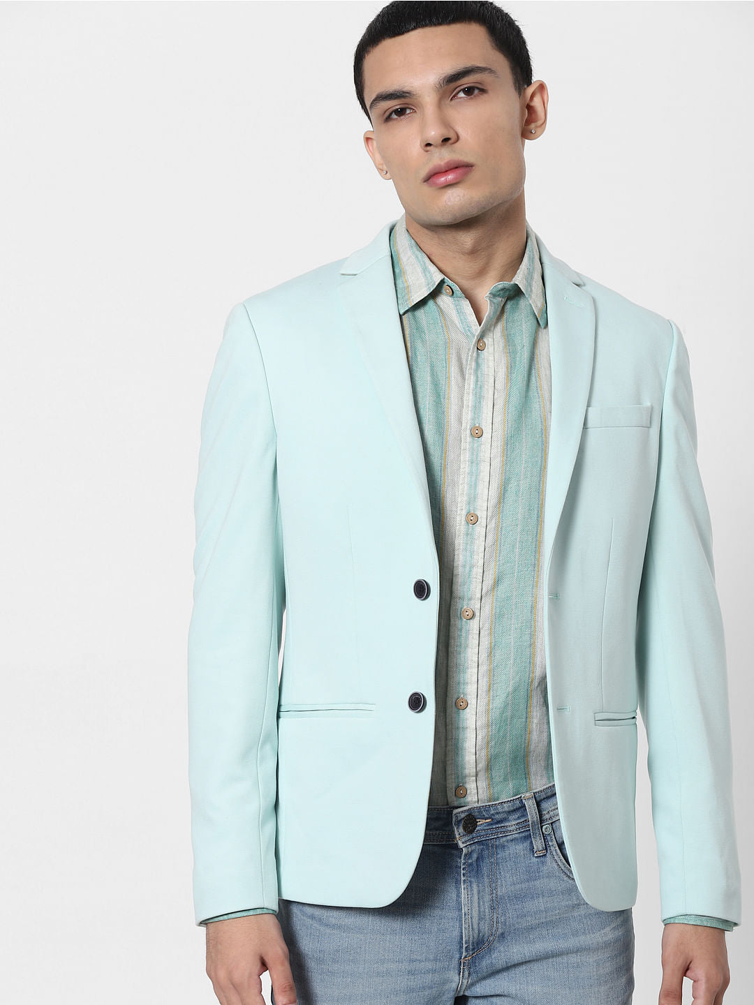Green Striped Full Sleeves Linen Shirt - S