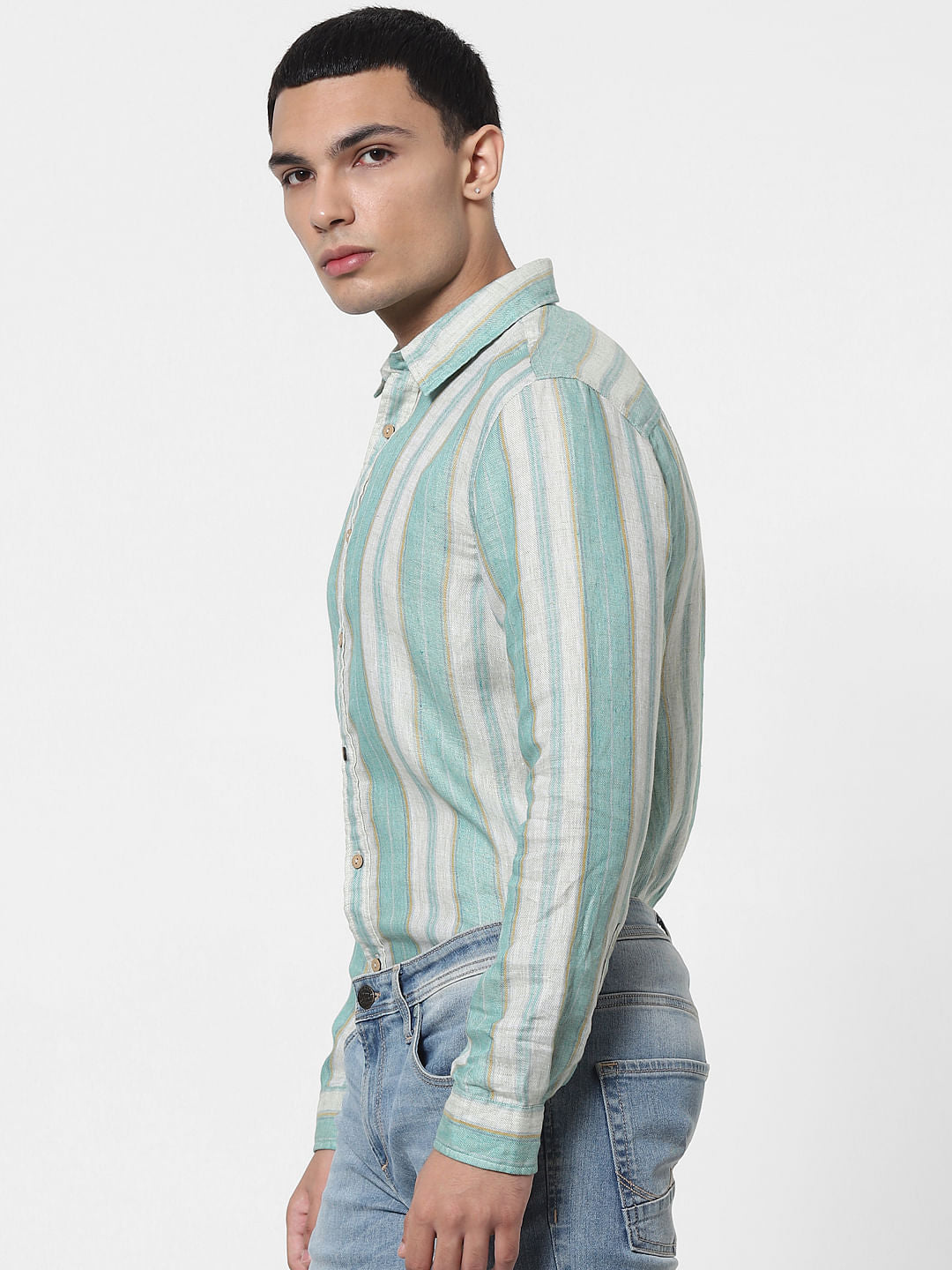 Green Striped Full Sleeves Linen Shirt