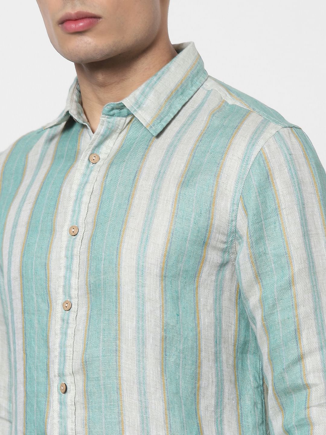 Green Striped Full Sleeves Linen Shirt