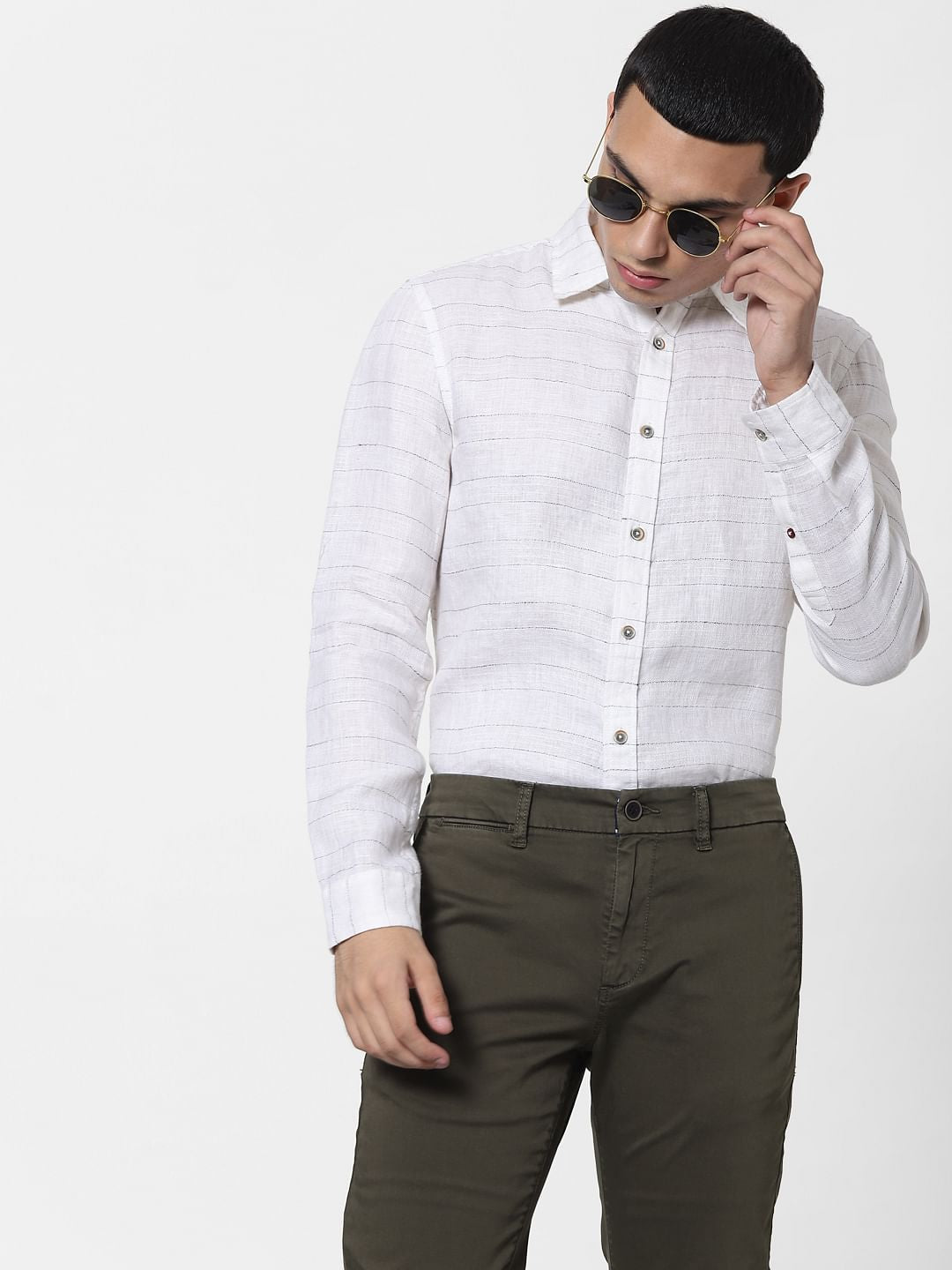 White Striped Full Sleeves Linen Shirt - S