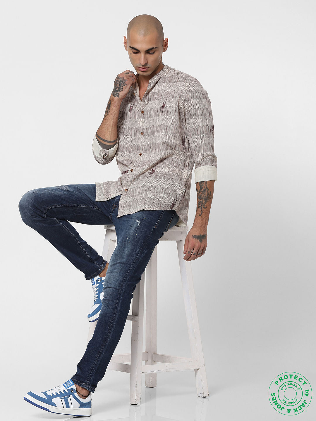 Beige Textured Mandarin Collar Full Sleeves Shirt - S