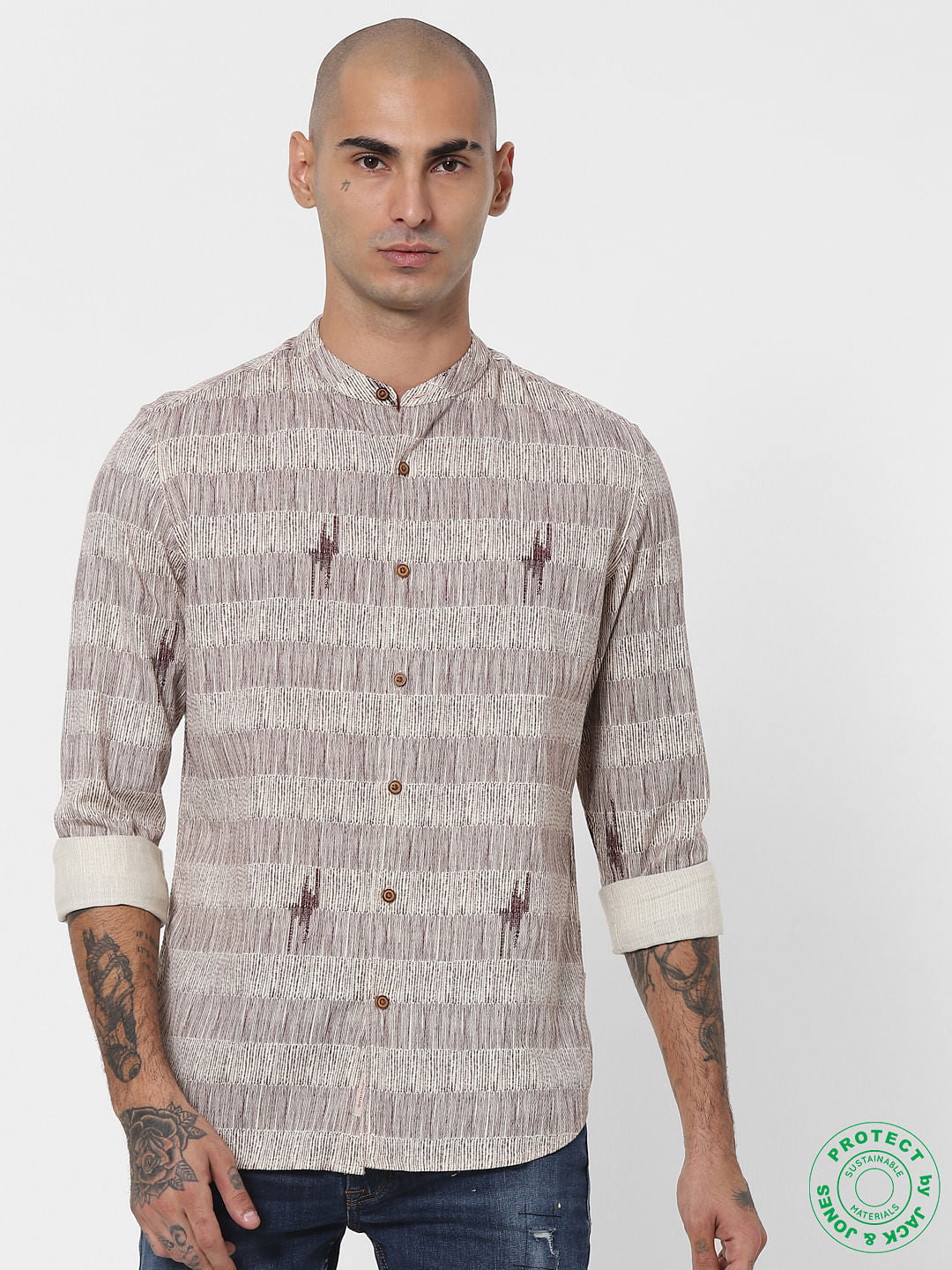 Beige Textured Mandarin Collar Full Sleeves Shirt