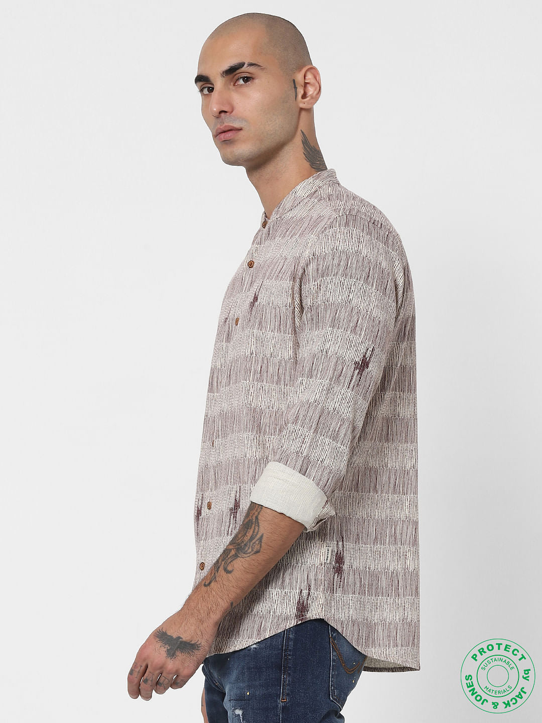 Beige Textured Mandarin Collar Full Sleeves Shirt