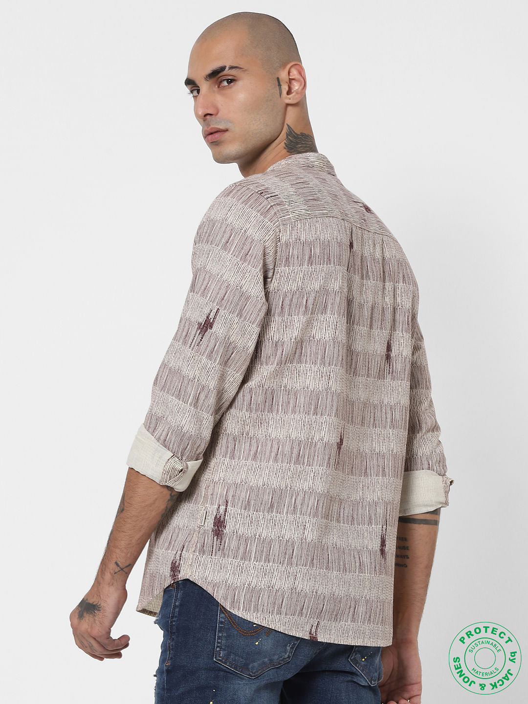 Beige Textured Mandarin Collar Full Sleeves Shirt