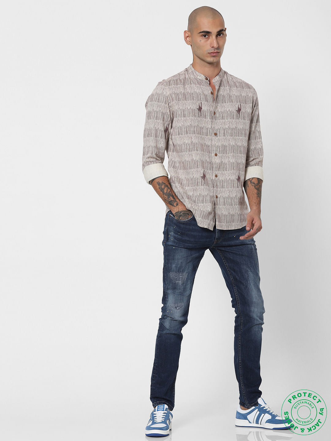 Beige Textured Mandarin Collar Full Sleeves Shirt