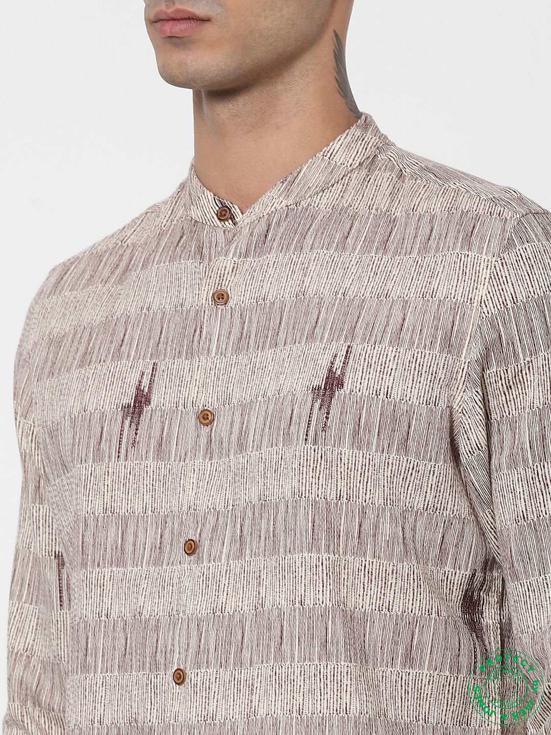 Beige Textured Mandarin Collar Full Sleeves Shirt