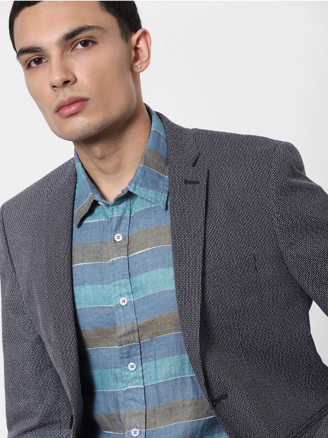 Blue Striped Full Sleeves Linen Shirt - S