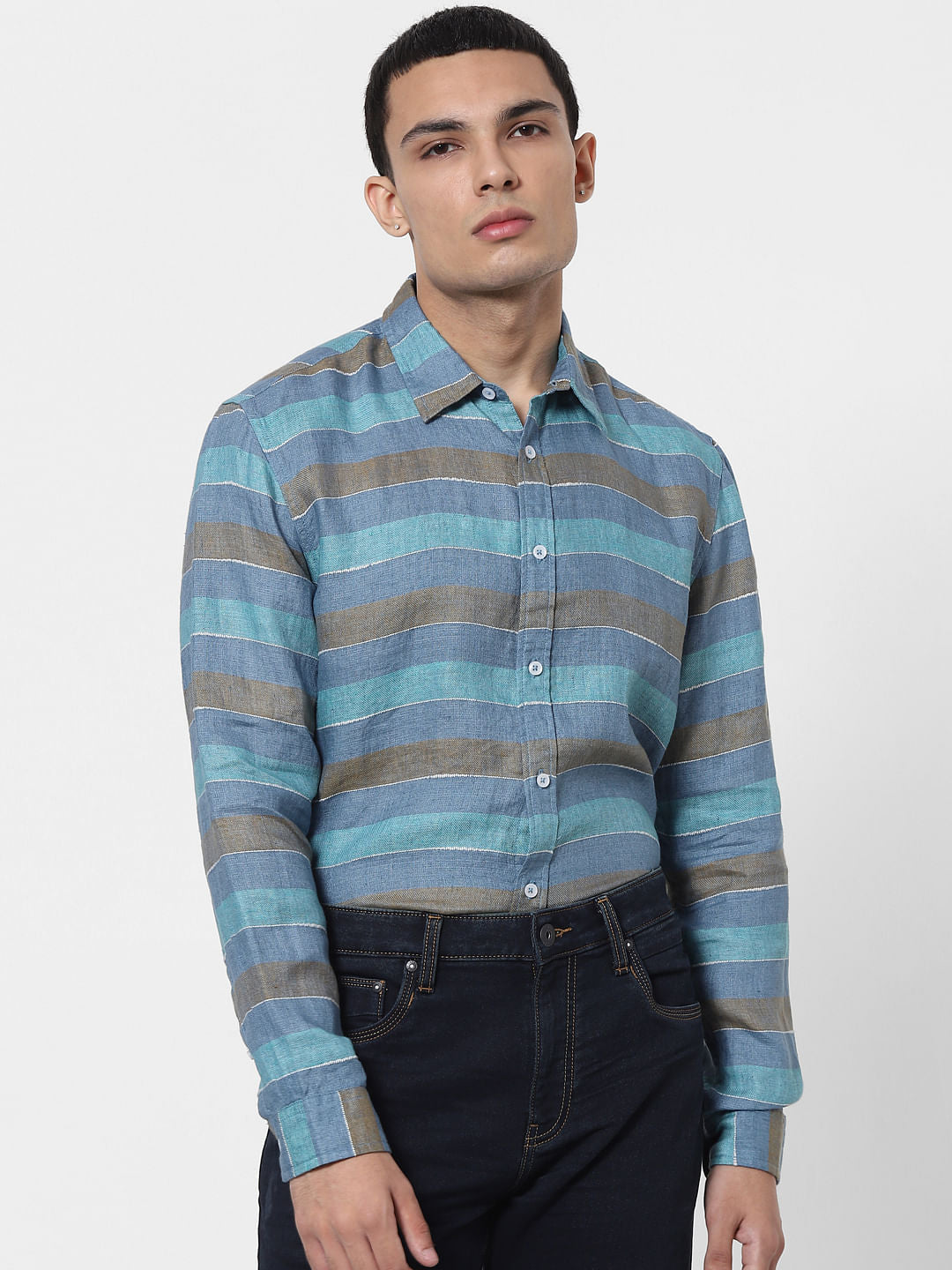 Blue Striped Full Sleeves Linen Shirt