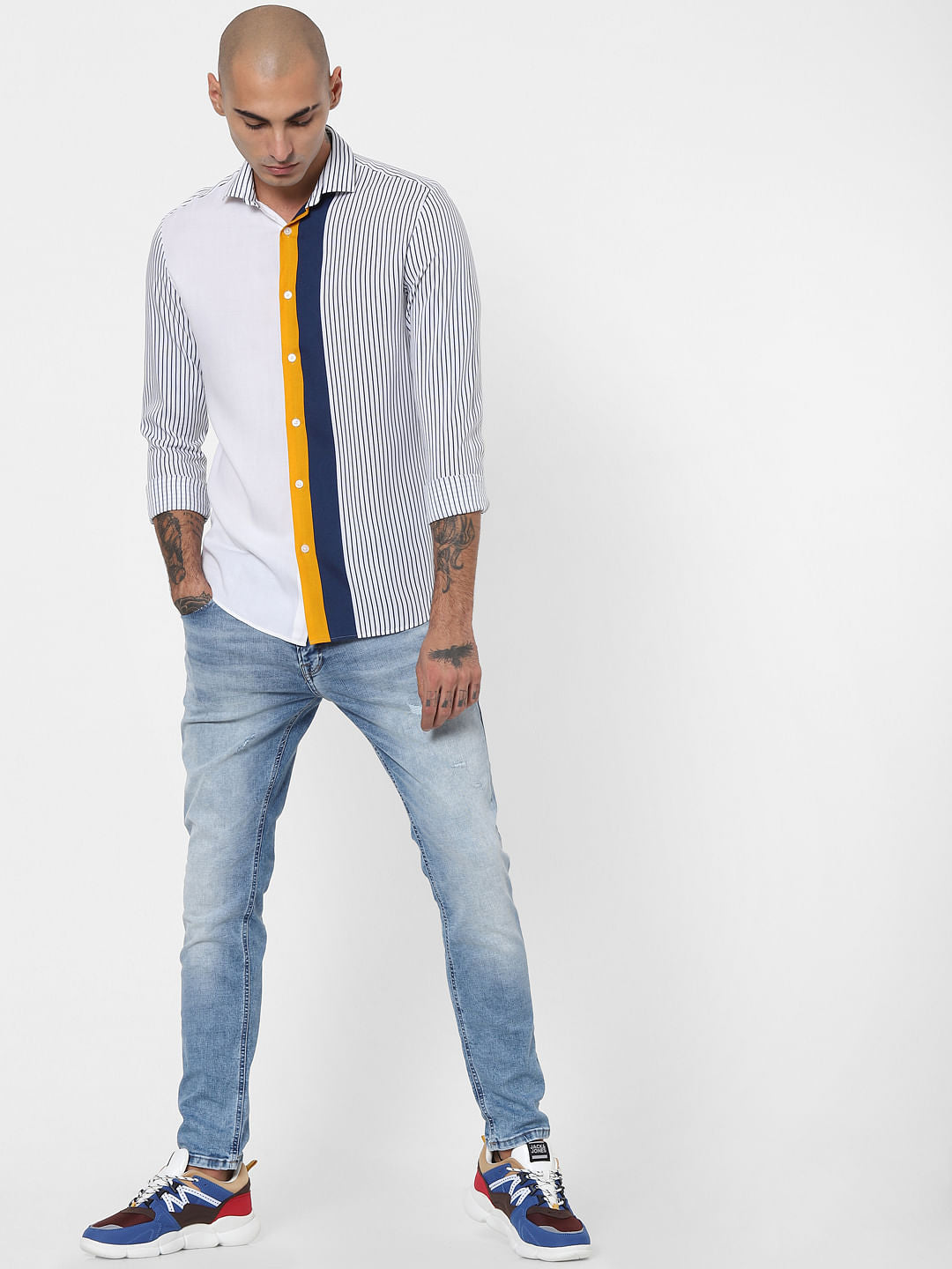 White Colourblock Striped Full Sleeves Shirt - S