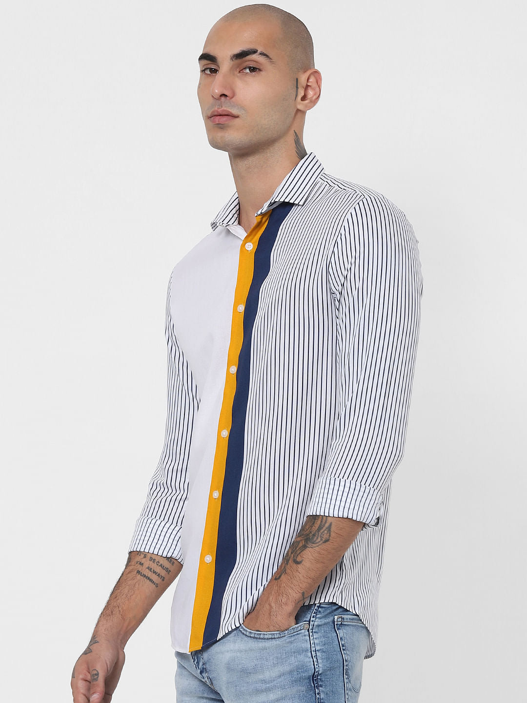 White Colourblock Striped Full Sleeves Shirt