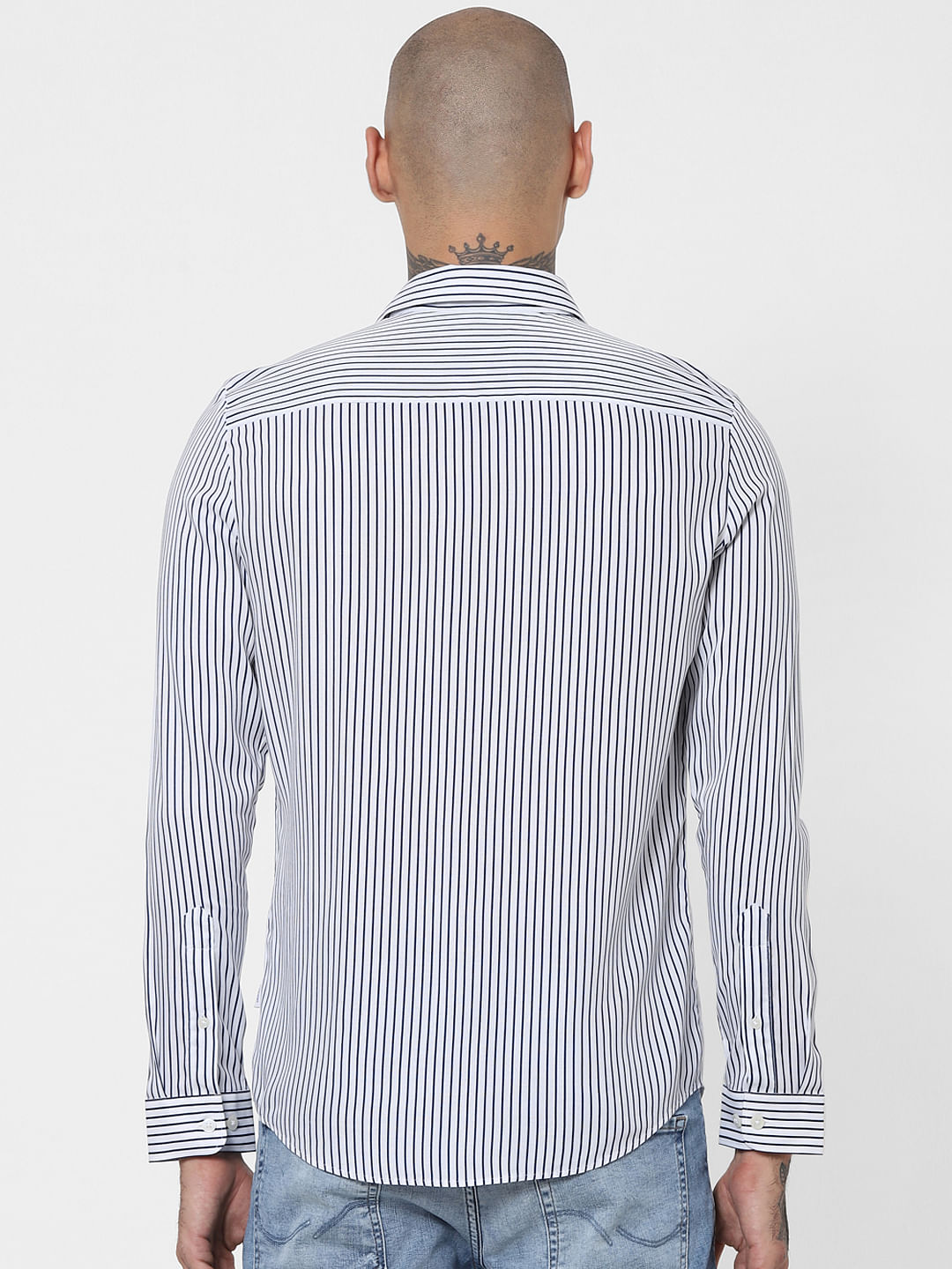 White Colourblock Striped Full Sleeves Shirt