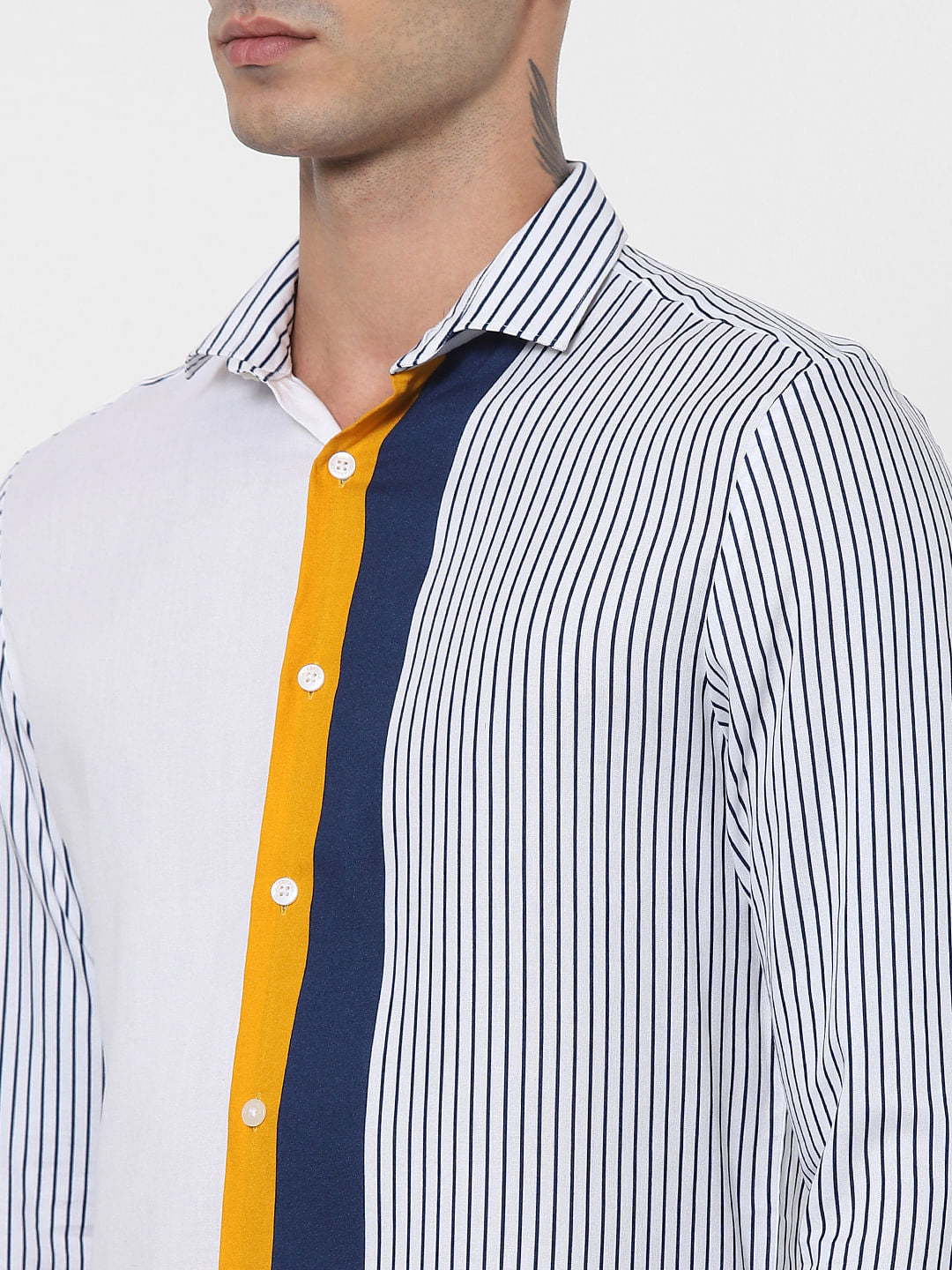 White Colourblock Striped Full Sleeves Shirt