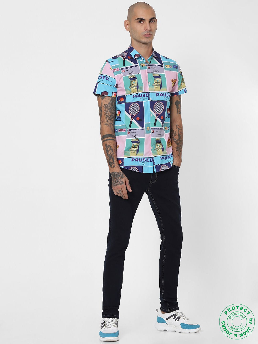 Blue Gaming Print Half Sleeves Shirt - S