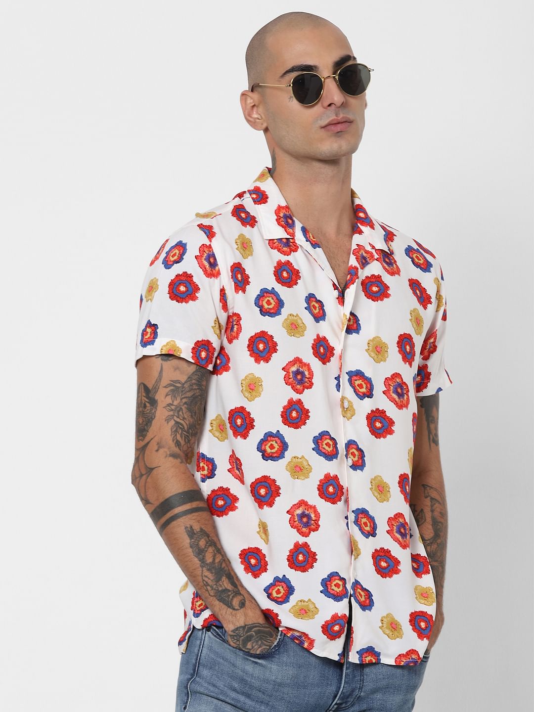 White Floral Half Sleeves Shirt - S