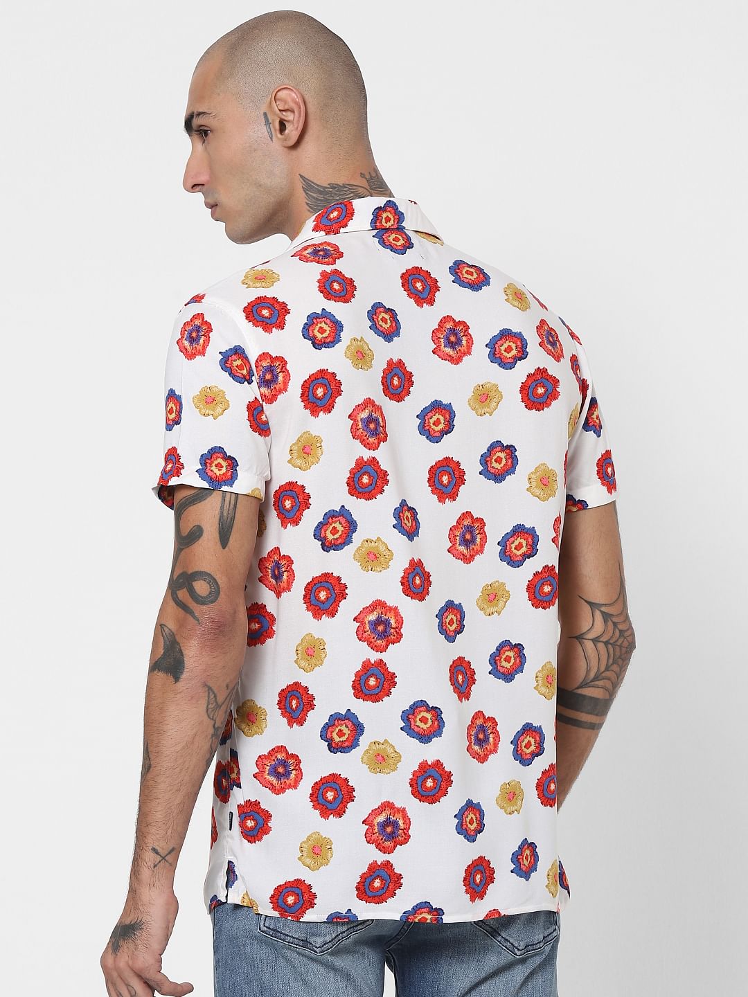 White Floral Half Sleeves Shirt