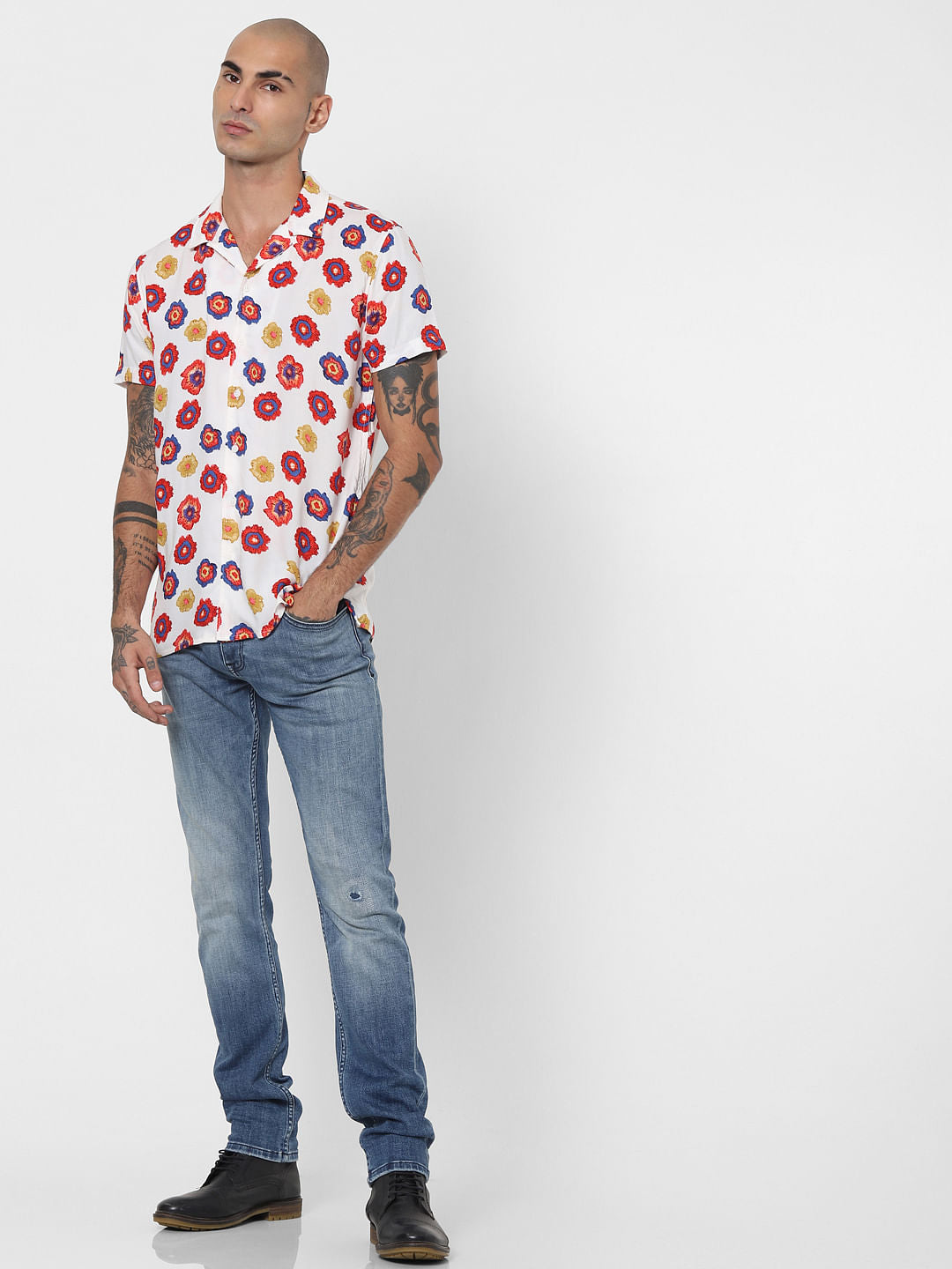 White Floral Half Sleeves Shirt