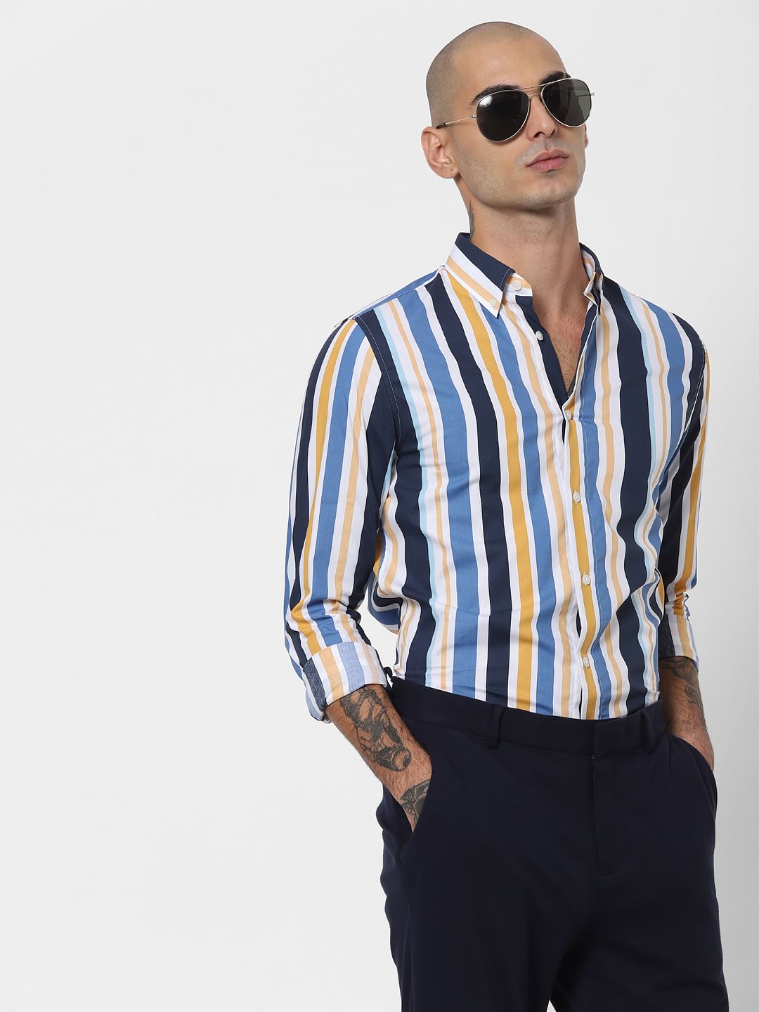 Blue Striped Full Sleeves Shirt - S