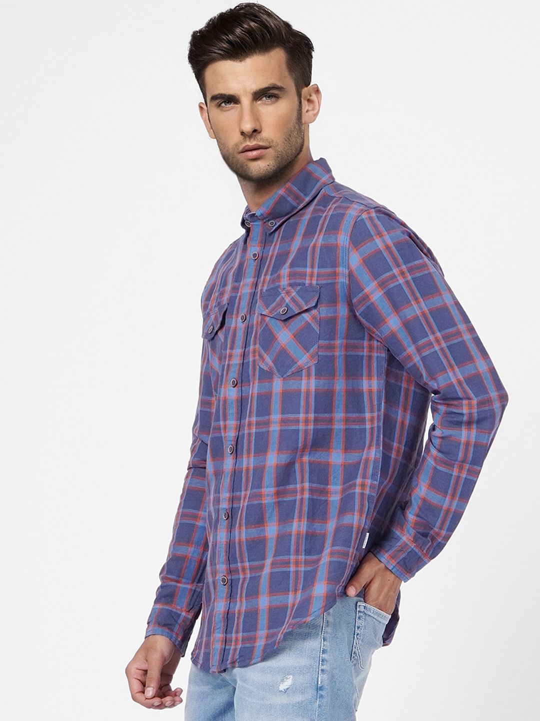 Blue Check Linen Blend Shirt