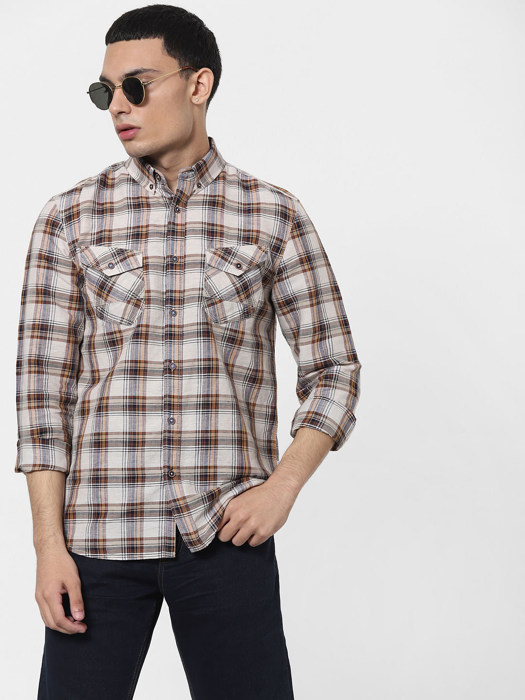 Beige Check Full Sleeves Linen Shirt - S