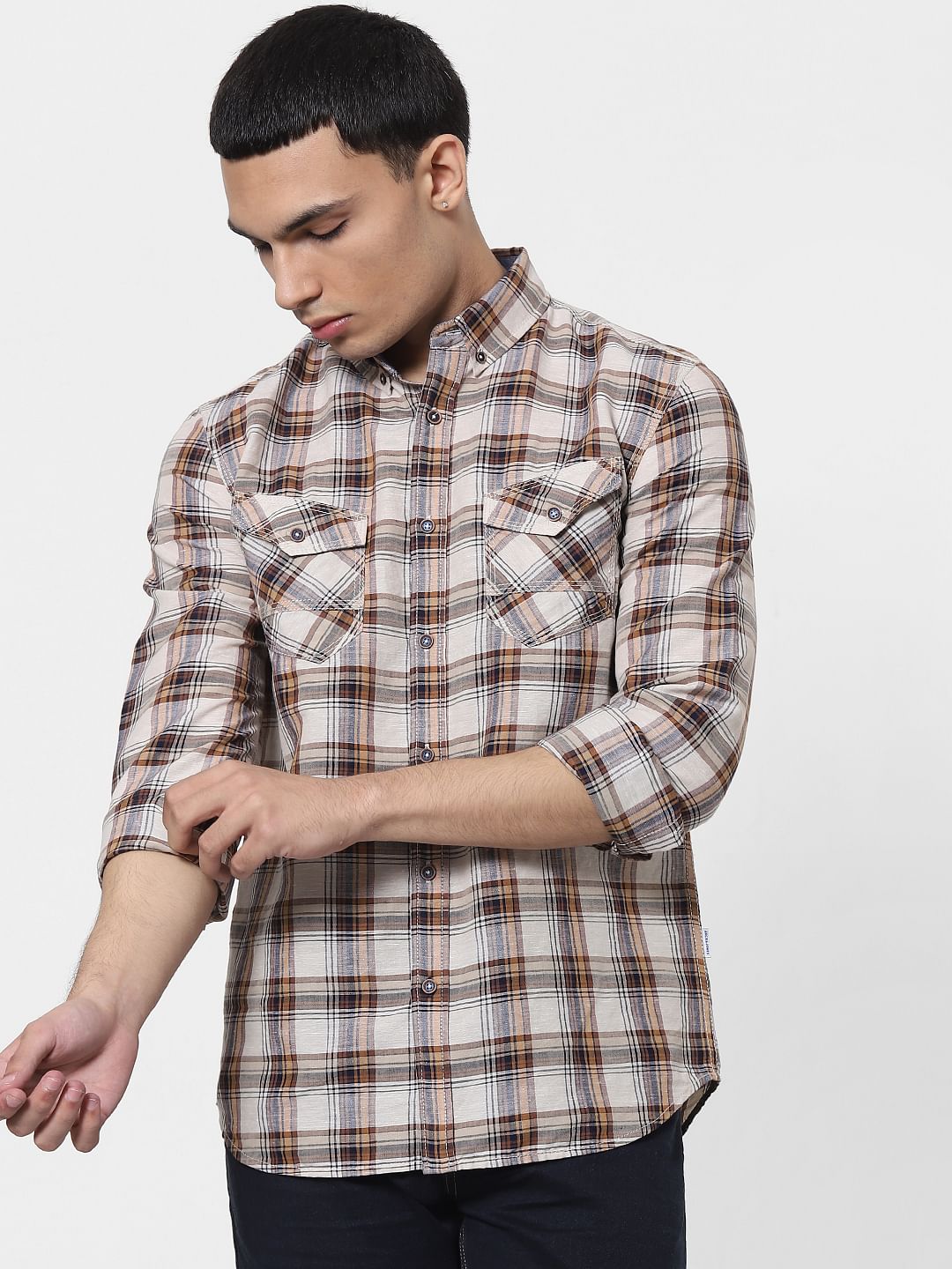 Beige Check Full Sleeves Linen Shirt